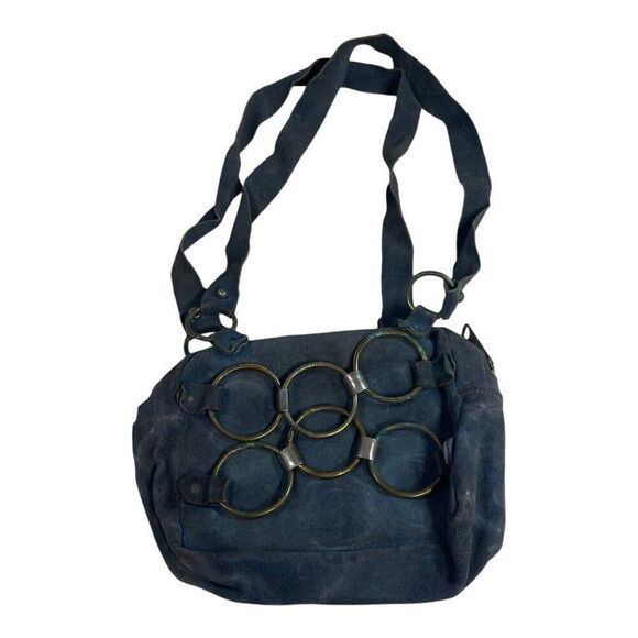 Blue Suede Leather Small Purse Brass Rings Circle Chain MCM Shoulder Bag 8x6.25 - Picture 2 of 7